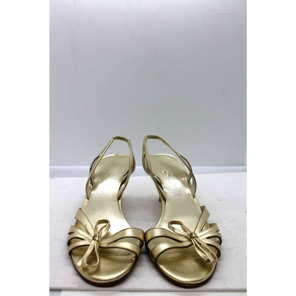 Salvatore Ferragamo Gold Kitten Heel Slingback Sandals sz 7.5B